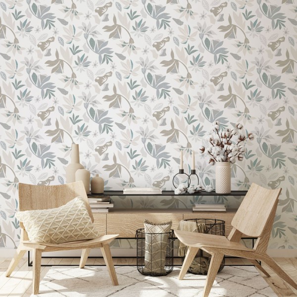 papel pintado con flores abstractas de color verde y salmón papel pintado con flores abstractas de color verde y salmón