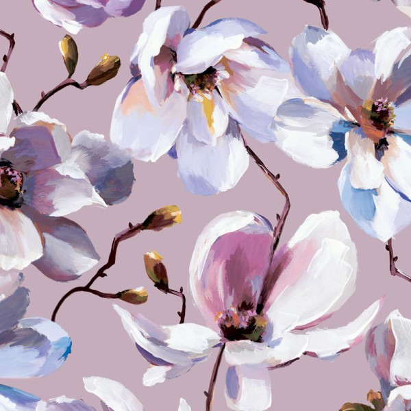 papel pintado magnolias de color lila y blanco con fondo  lila lavanda