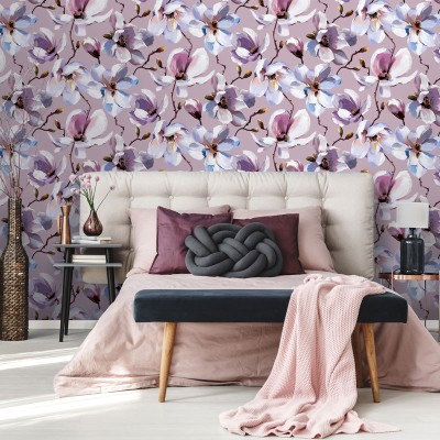 papel pintado magnolias de color lila y blanco con fondo lila lavanda