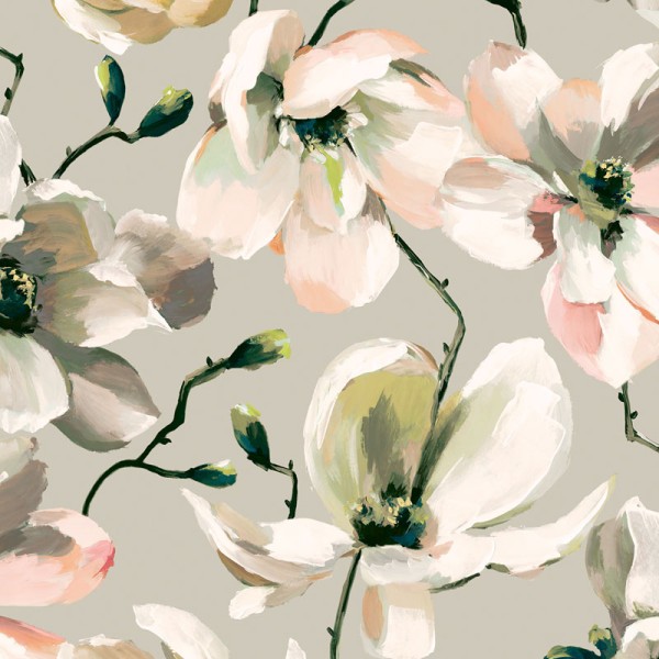 papel pintado floral con magnolias de color blanco, rosa y verde con fondo beige