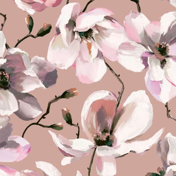 papel pintado magnolias de color rosa y blanco con fondo rosa marrón