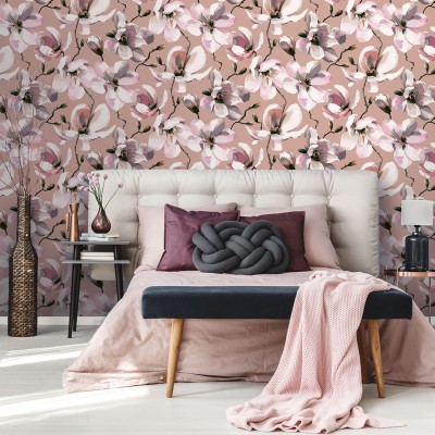 papel de parede magnólias cor rosa e branco com fundo rosa marrom 2