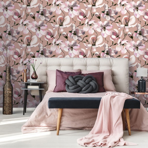 papel pintado magnolias de color rosa y blanco con fondo rosa marrón
