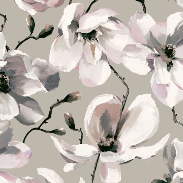papel pintado floral con flores magnolias de color gris y blanco con fondo gris