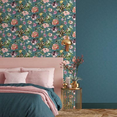 papel de parede floral com fundo turquesa escuro