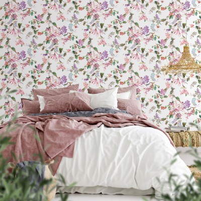 papel pintado ramas con flores y frutos multi con fondo blanco. 2