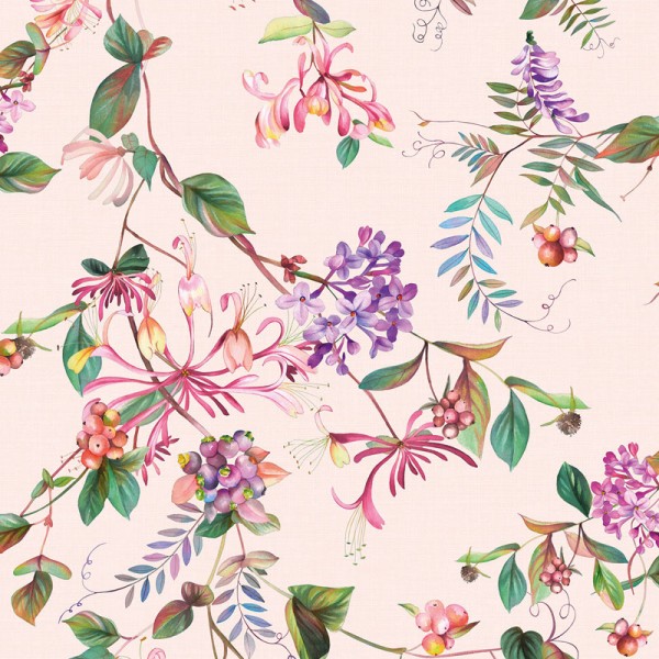paper pintat branques amb flors i fruits multi amb fons rosa clar.