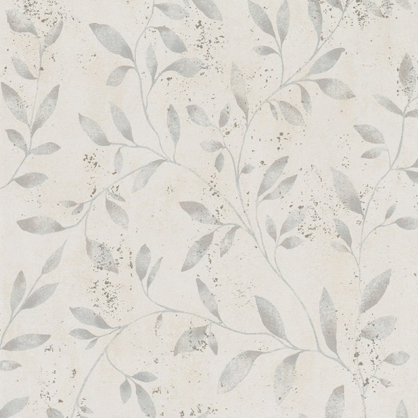 papel pintado con ramas y hojas de color gris con fondo beige claro y tonalidades plateadas