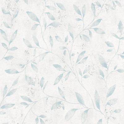 papel pintado con ramas y hojas de color turquesa con fondo gris claro y tonalidades plateadas