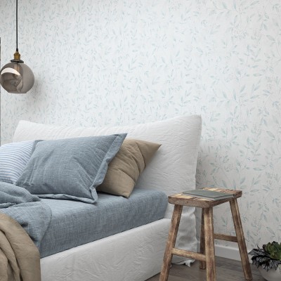 papel pintado con ramas y hojas de color turquesa con fondo gris claro y tonalidades plateadas