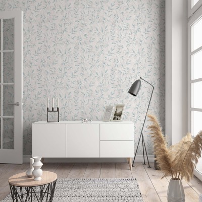 papel de parede com ramos e folhas turquesa e fundo cinza claro com tons de prateado. 2