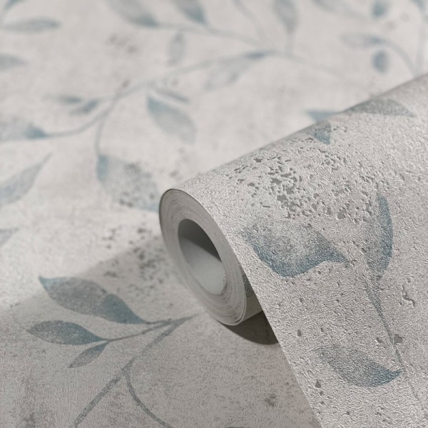 papel pintado con ramas y hojas de color turquesa con fondo gris claro y tonalidades plateadas