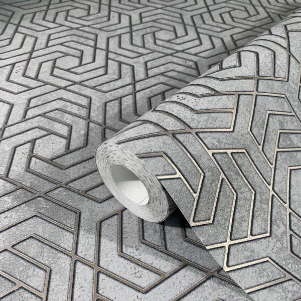 papel de parede geométrico cor cinza com prata e fundo efeito concreto
