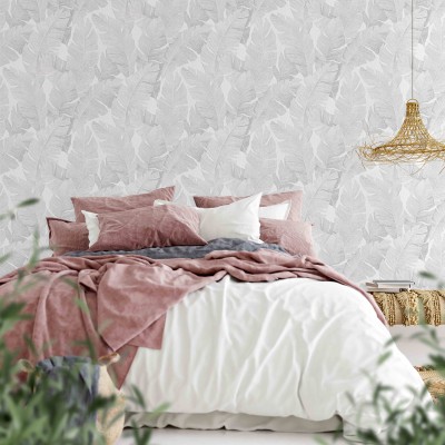 papel pintado hojas tropicales blanco perla con textura