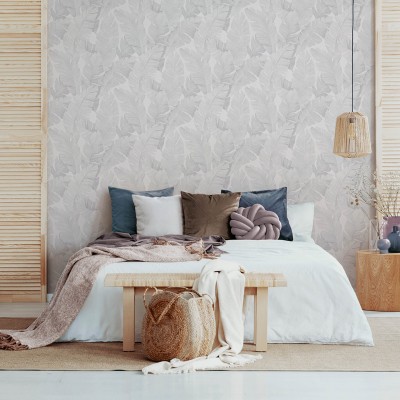 papel de parede folhas tropicais cor branco pérola com textura 2