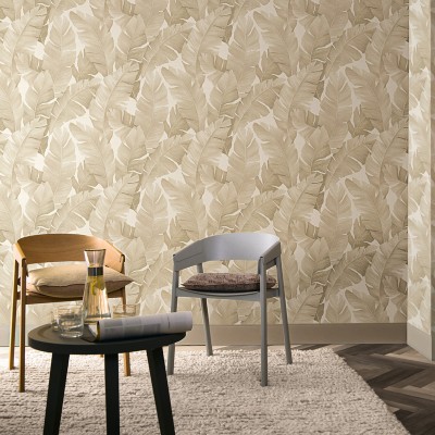papel de parede folhas tropicais bege