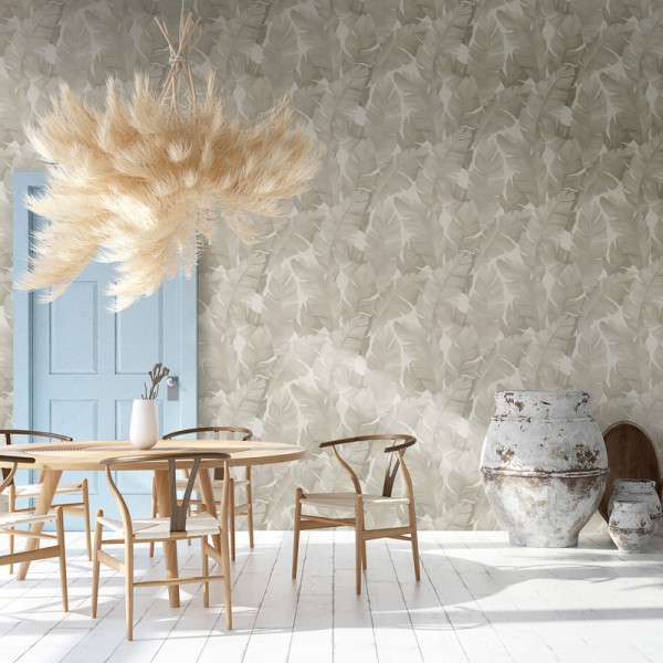 papel de parede folhas tropicais bege