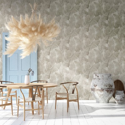 papel de parede folhas tropicais bege