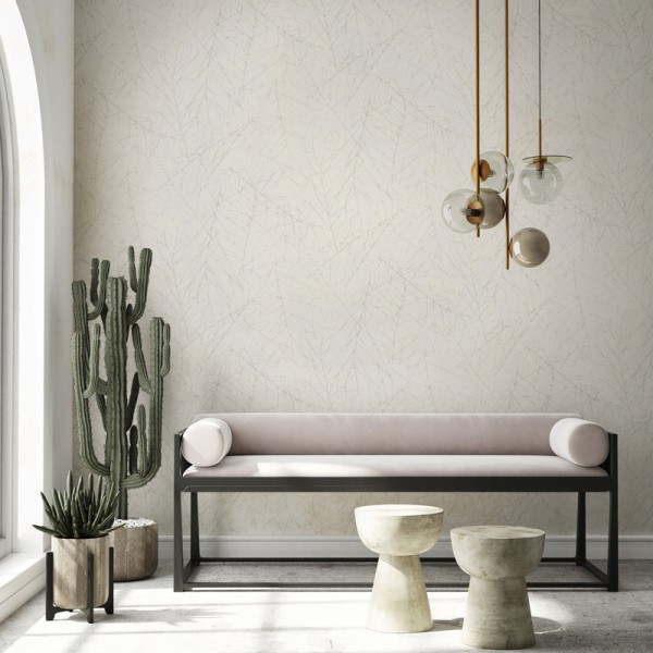 papel de parede vinílico com ramos cor branco perla com textura