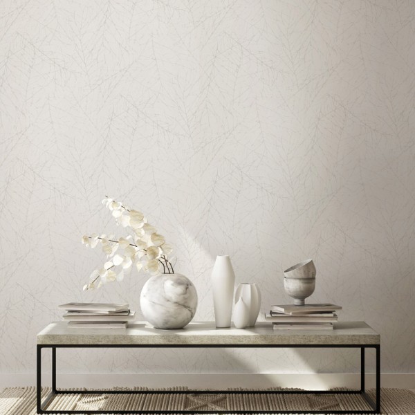 papel pintado vinílico con ramas de color blanco perla con textura