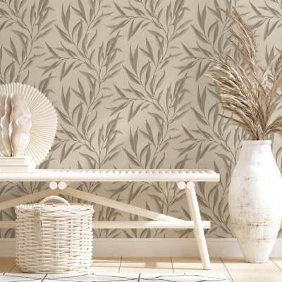 papel de parede folhas ouro escuro com fundo bege 2
