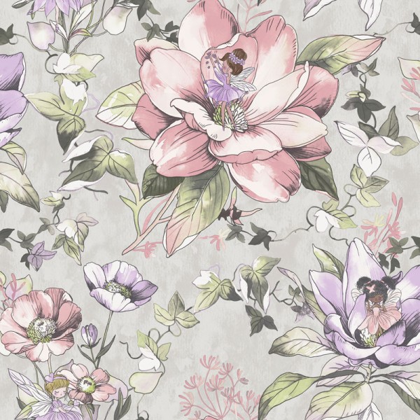 papel de parede floral com fadas cor cinza