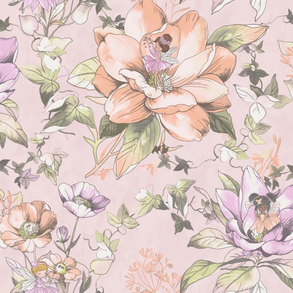 papel pintado floral con hadas rosa