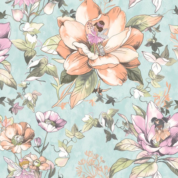 papel pintado juvenil floral con hadas