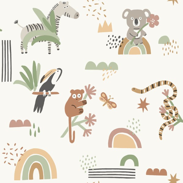 papel pintado infantil animales color verde y beige