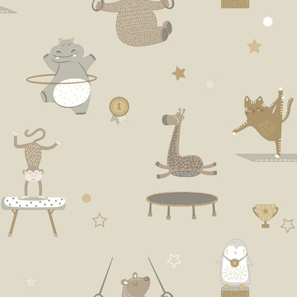 papel pintado animales gimnastas con fondo beige