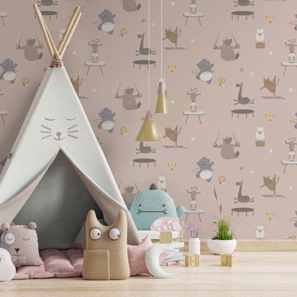 papel pintado animales gimnastas con fondo rosa