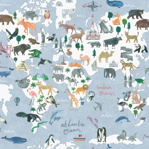 paper pintat mapa mundi animals fons blau