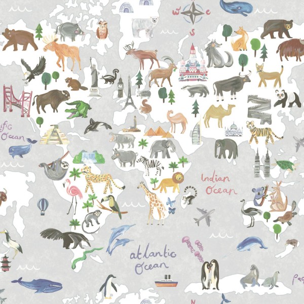 papel pintado mapa mundi infantil con animales fondo gris