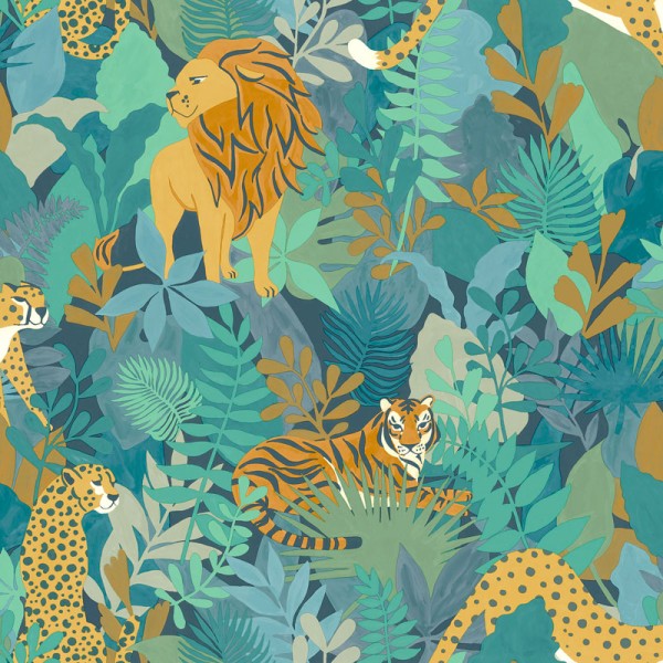 Papel pintado animales selva azul
