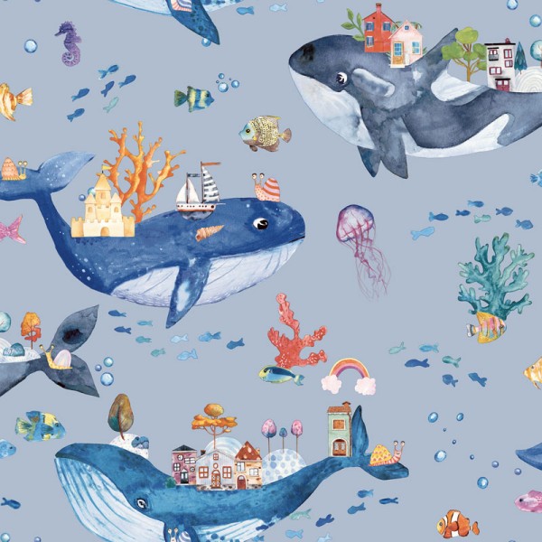 papel de parede infantil com baleias, fundo azul