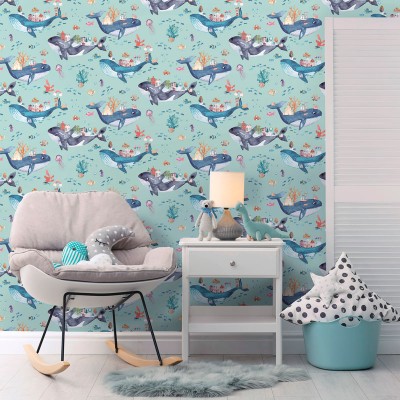 Papel pintado infantil con ballenas fondo verde turquesa 2