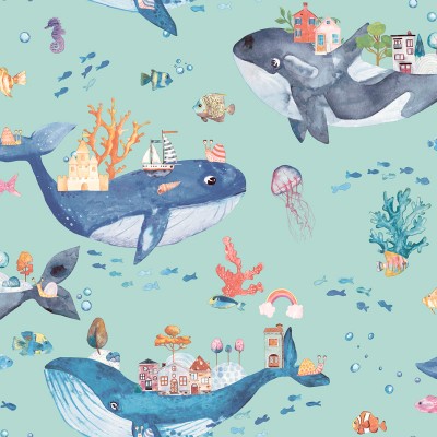 Papel pintado infantil con ballenas fondo verde turquesa