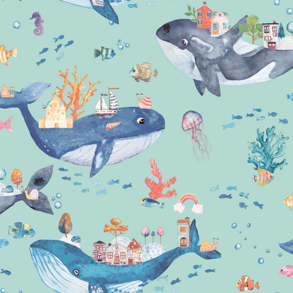 Papel pintado infantil con ballenas fondo verde turquesa