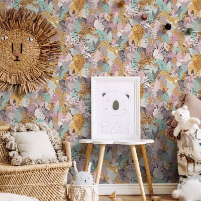 Papel pintado con animales de la selva rodeados de naturaleza color rosa Papel pintado con animales de la selva rodeados de naturaleza color rosa