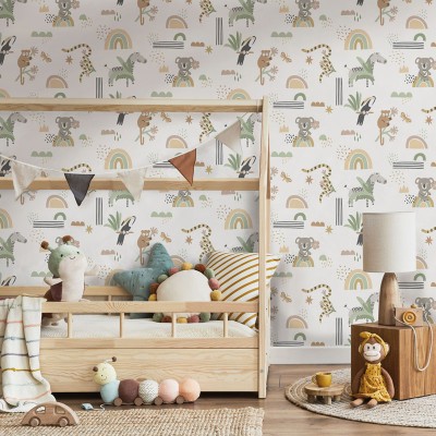 Papel de parede infantil animais verde e bege 2