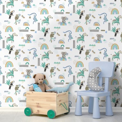 Papel pintado infantil animales color turquesa 2