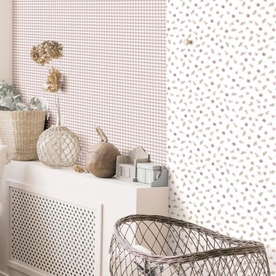 Papel pintado cuadros vichy rosa