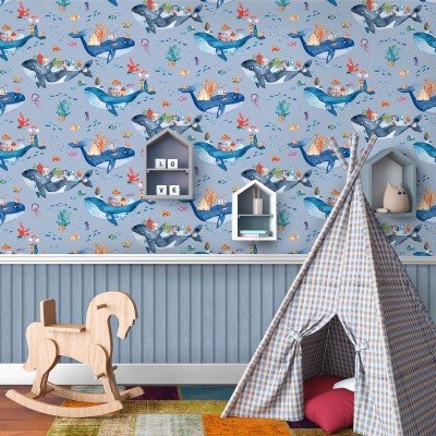 Paper pintat infantil amb balenes fons blau
