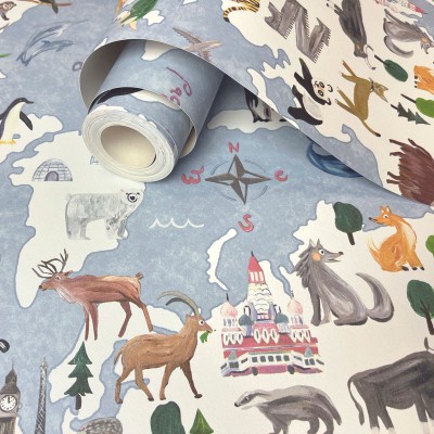 papel pintado mapa mundi animales con fondo azul