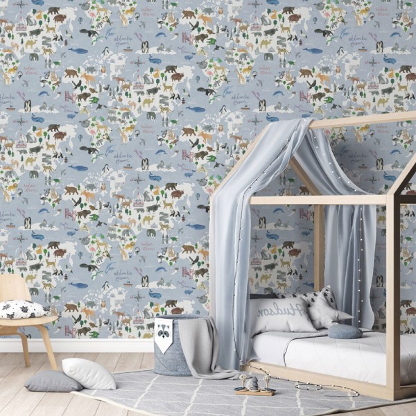 papel pintado mapa mundi animales con fondo azul