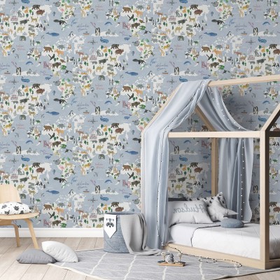 papel de parede mapa mundi animais com fundo azul