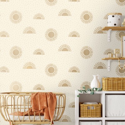 papel de parede infantil sol estilizado bege e ouro 2