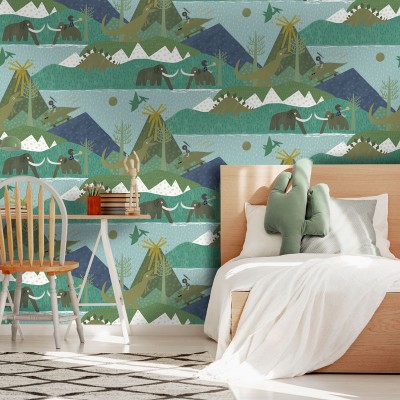 papel de parede animais pré-históricos cor verde e azul 2