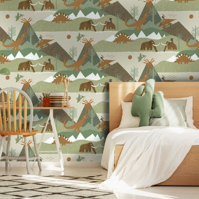 papel pintado animales prehistóricos verde y marrón 2