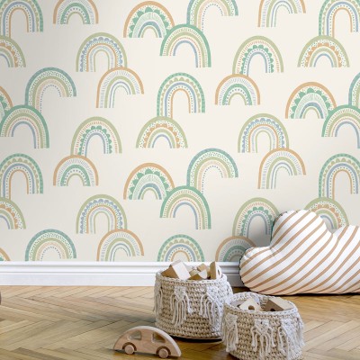 Papel pintado infantil con arcoiris bohemio verde azulado 2